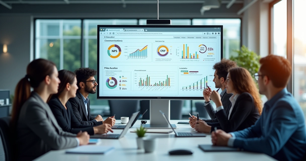 Equipe analisando indicadores de atendimento em call center 