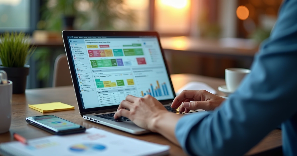 Dashboard com gráficos e métricas de marketing digital na tela de notebook 
