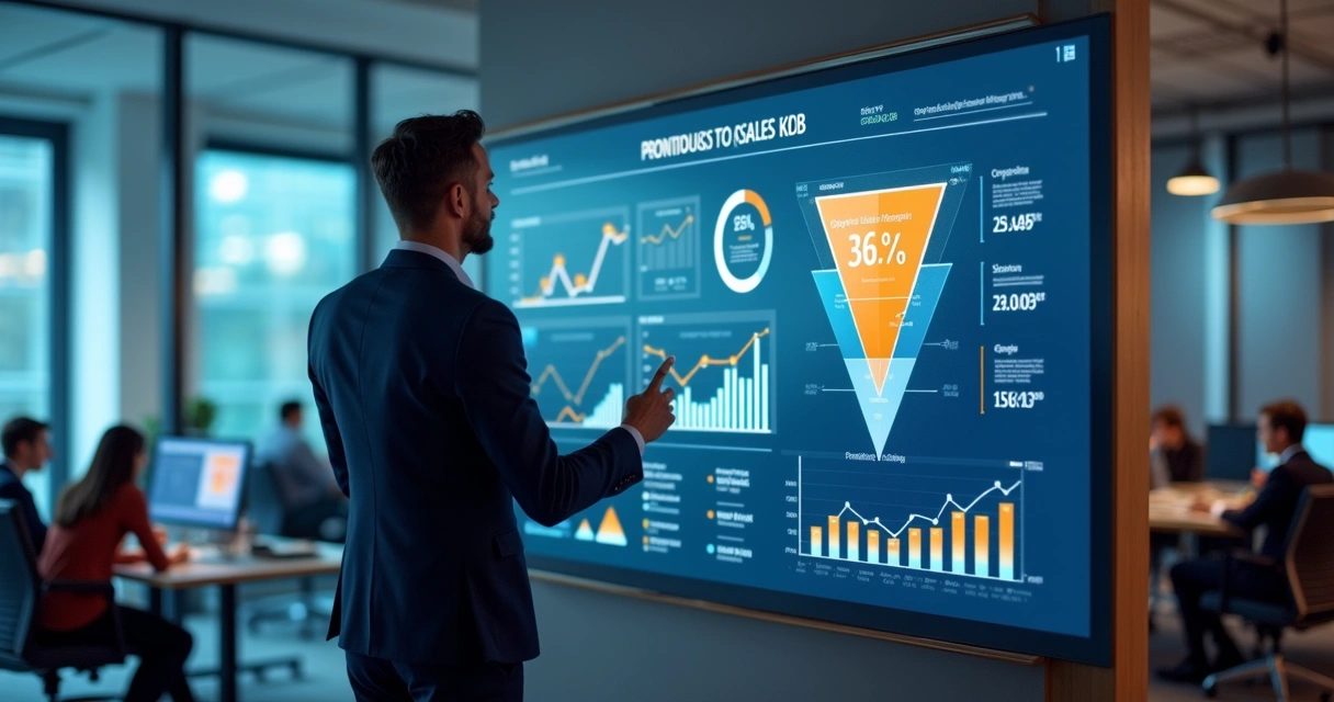 Executivo analisando KPIs de vendas em painel digital 