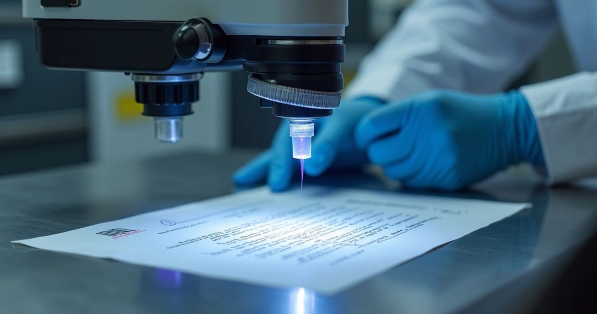 Perito examinando documento com microscópio digital e luz forense 