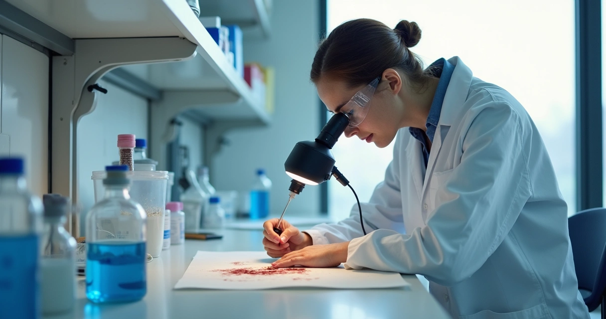Perita analisando mancha em roupa com equipamentos de laboratório 