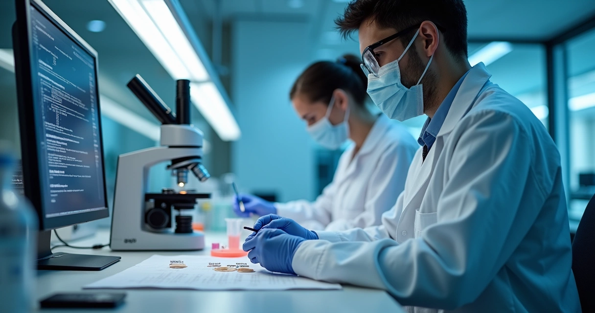 Análise laboratorial forense com tubos de ensaio e microscópio 