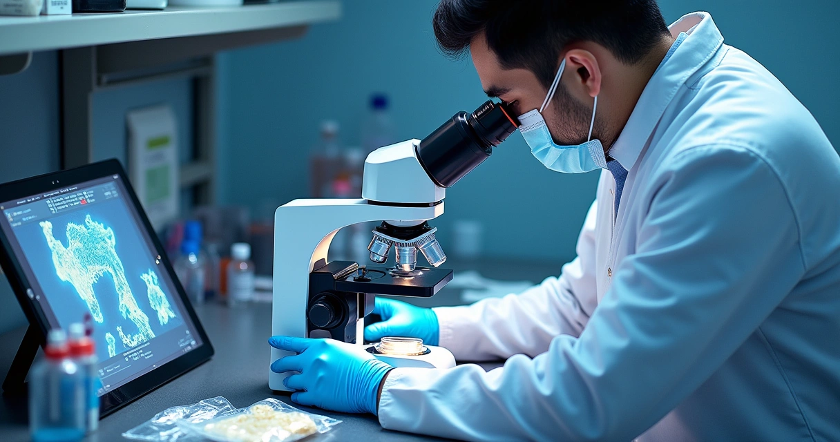 Cientista de laboratório examinando tecido sob microscópio 