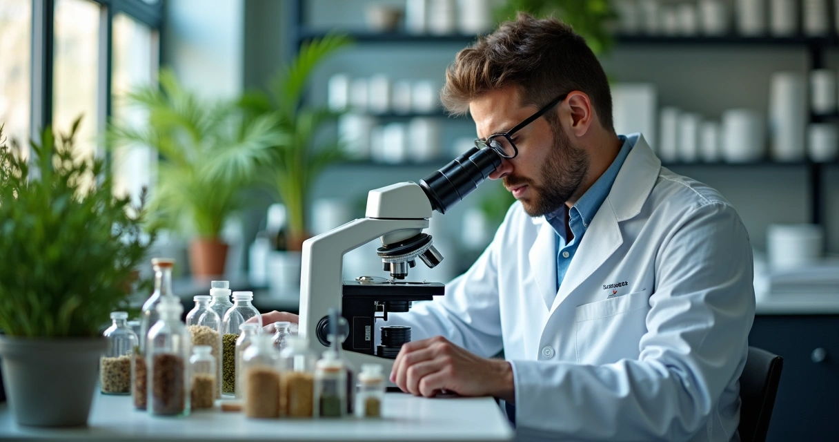 Laboratório farmacêutico analisando matéria-prima de fitoterápicos com equipamentos modernos e plantas medicinais.