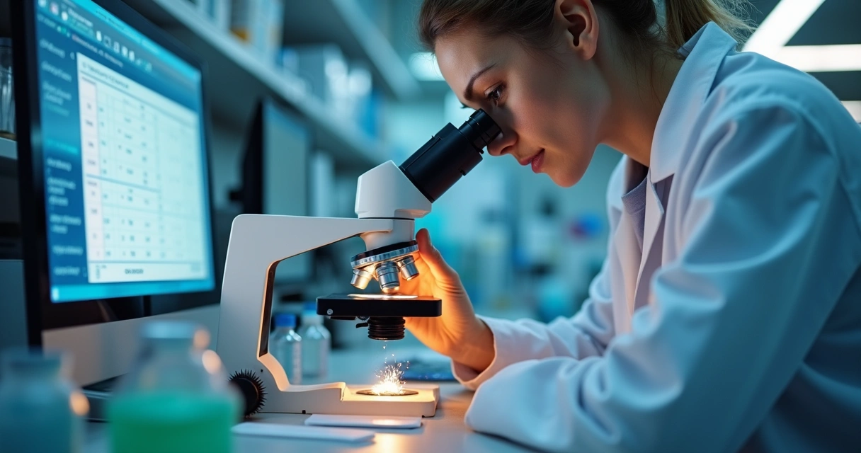 Laboratorista analisando ingrediente alimentar sob microscópio, equipamentos de análise química ao redor 