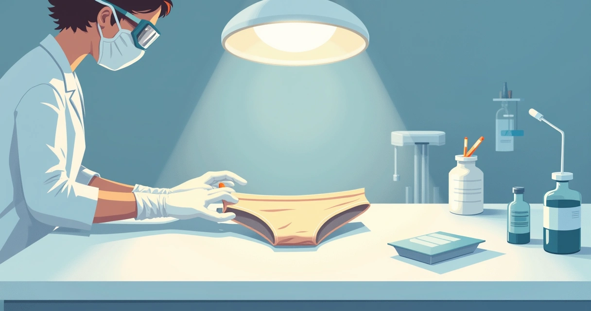 Técnica analisando peça íntima em laboratório 