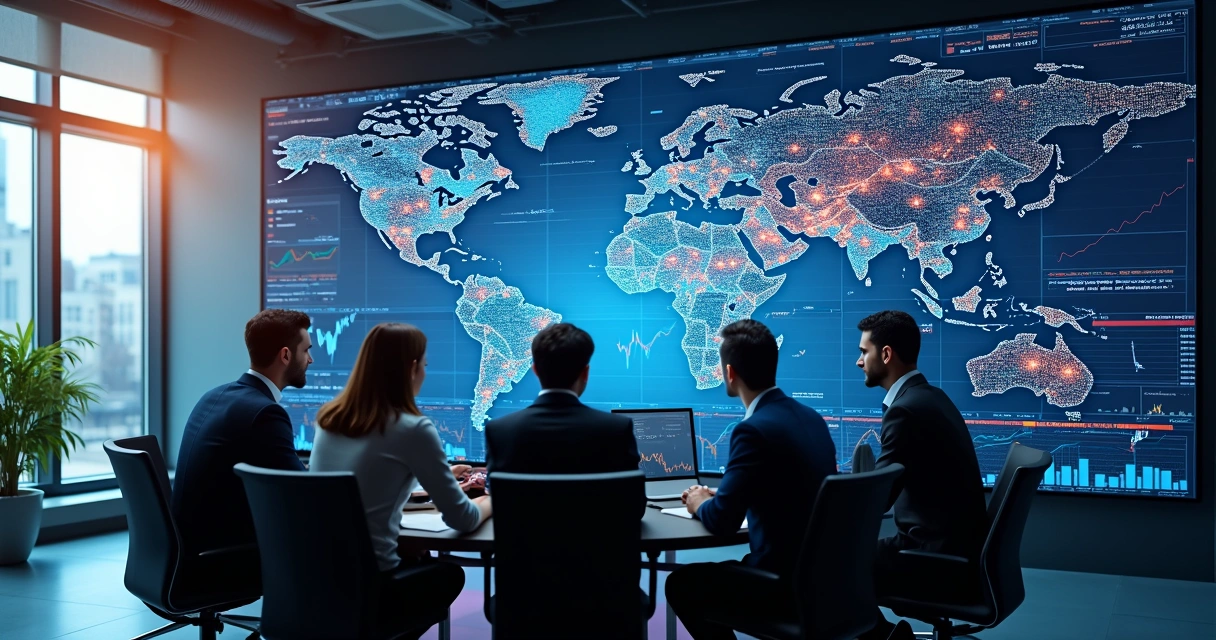 Equipe analisando grande painel de dados empresariais 