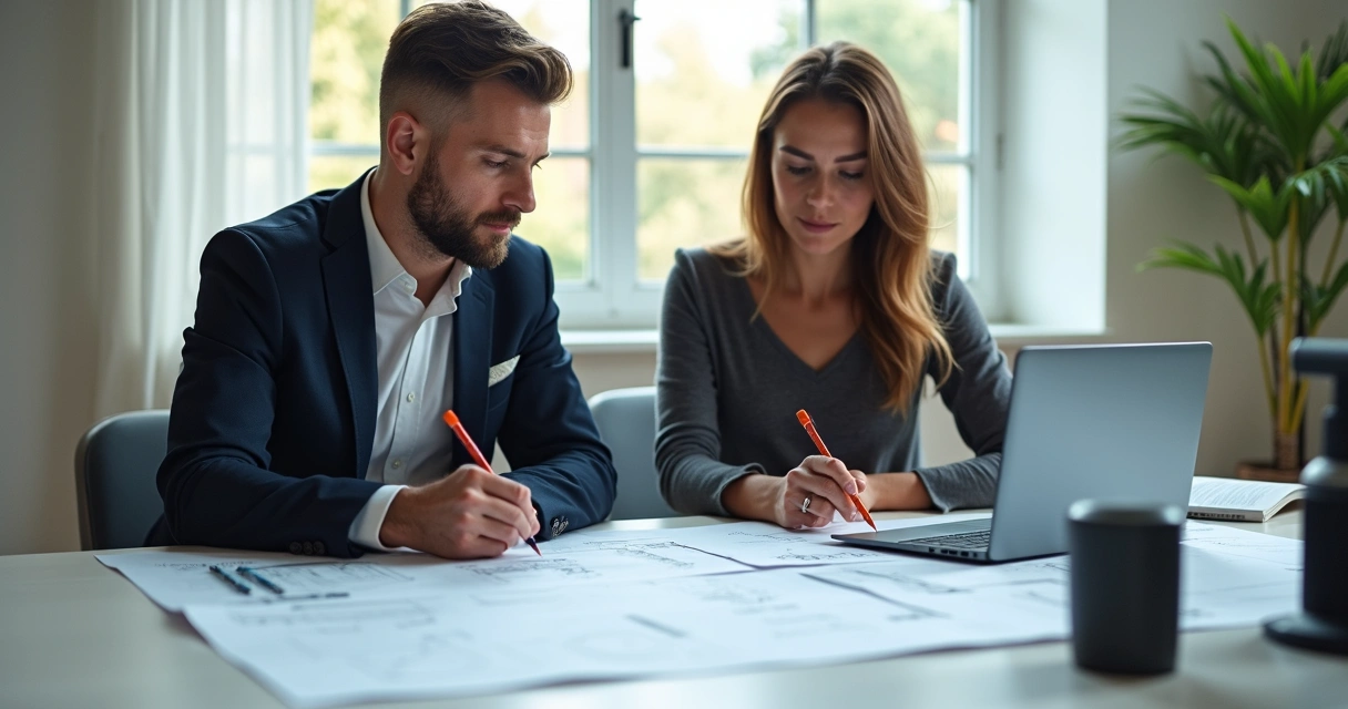Engenheiro analisando laudo técnico de engenharia na mesa, com laptop e plantas 