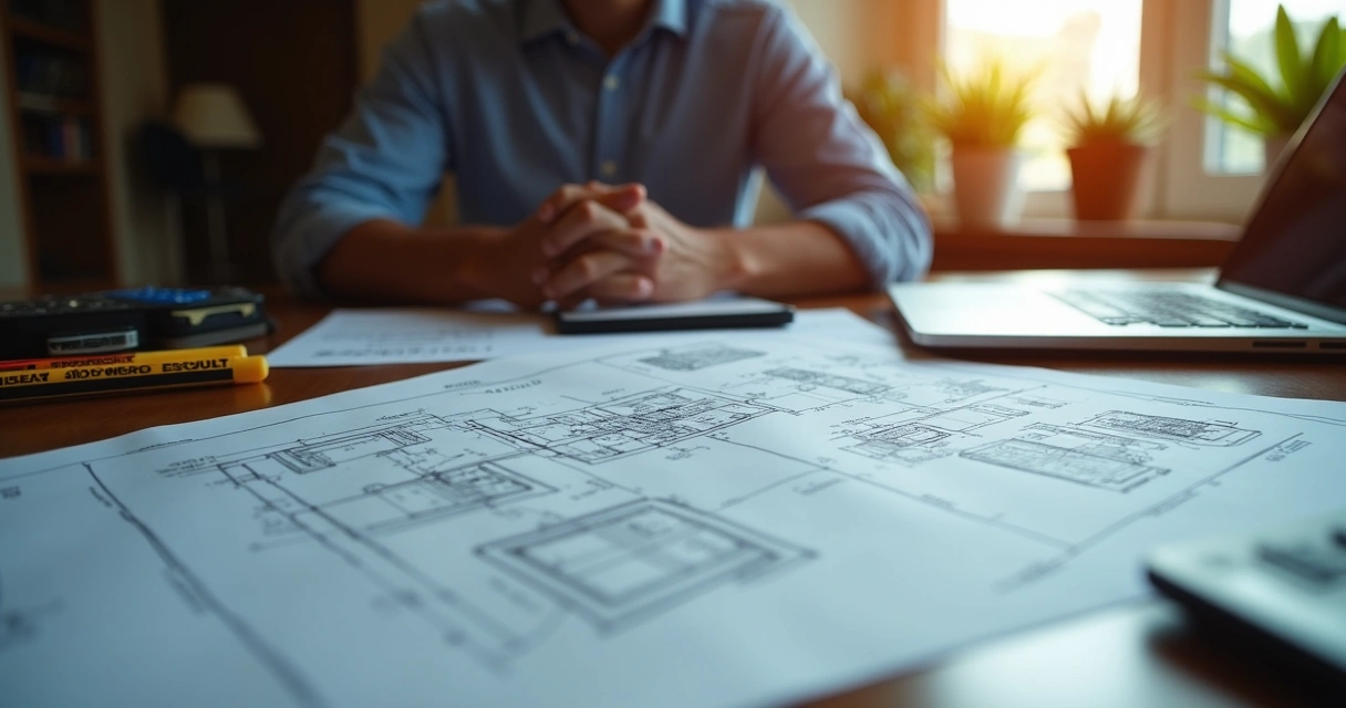 Pessoa analisando laudo técnico em mesa com laptop e calculadora 