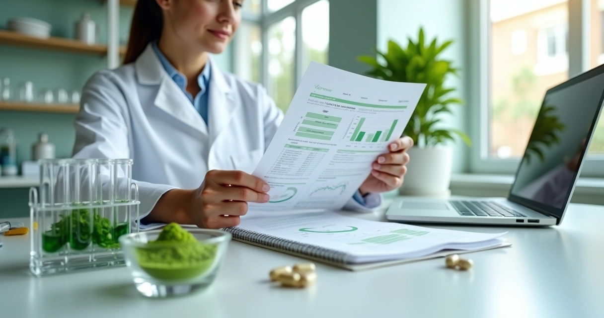 Profissional analisando laudo laboratorial de moringa ao lado de folhas e cápsulas da planta 