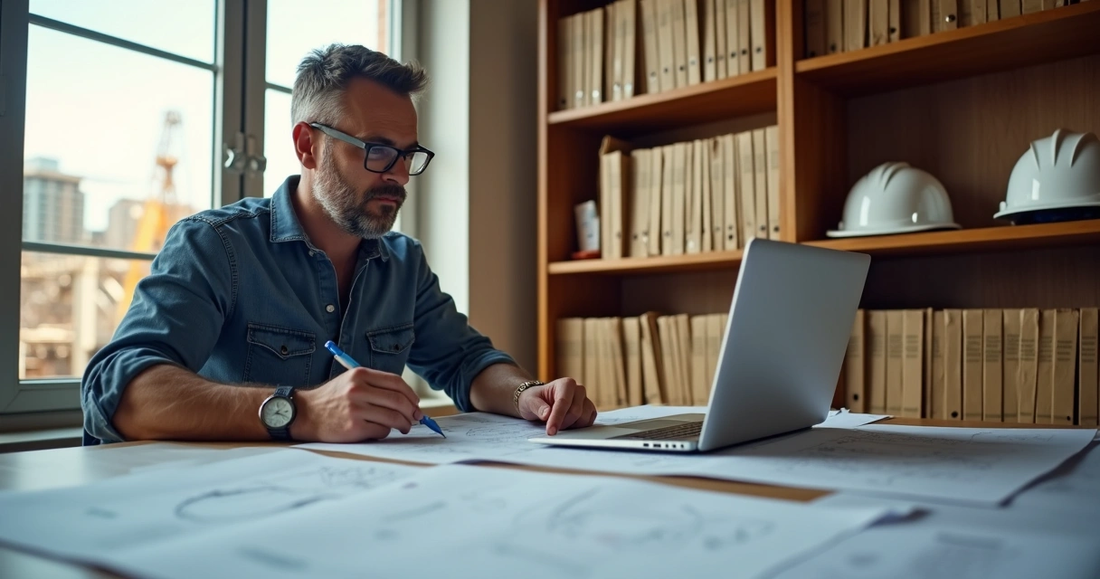 Engenheiro analisando documentos técnicos na mesa 