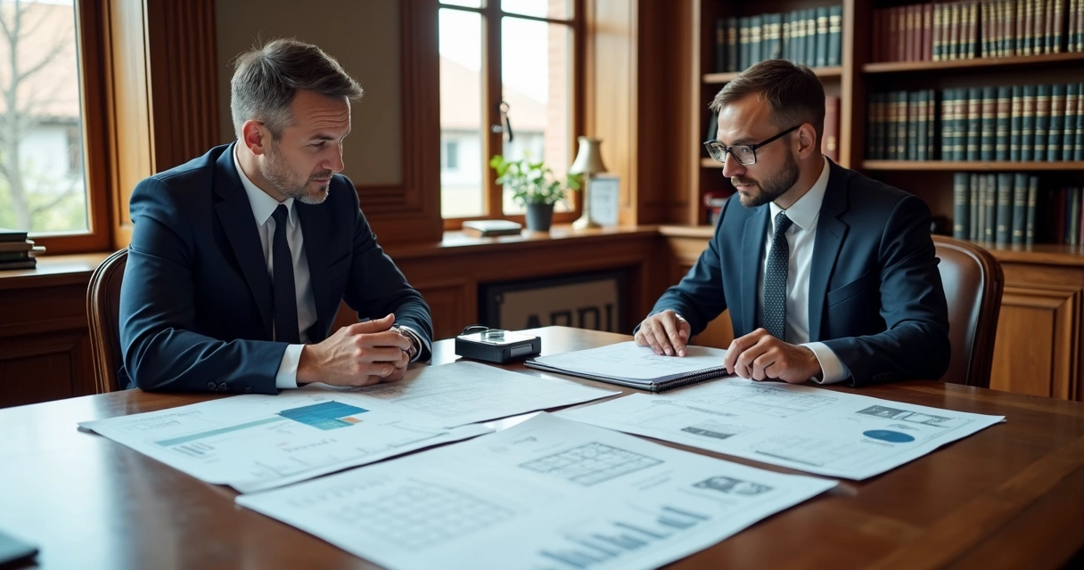 Engenheiro e advogado analisando laudo técnico em mesa de escritório 