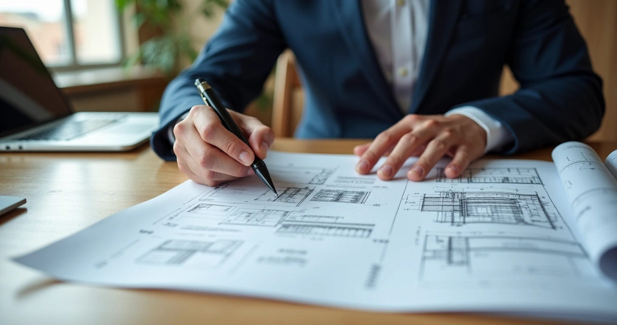 Engenheiro revisando documento de laudo pericial na mesa 