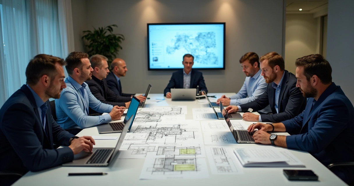 Equipe de engenheiros analisando laudo técnico em sala de reunião 