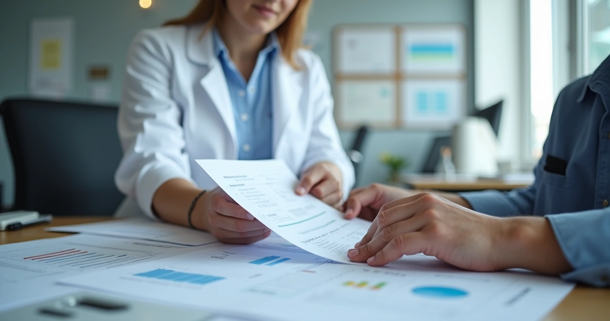 Especialista analisando laudo técnico em ambiente de trabalho 