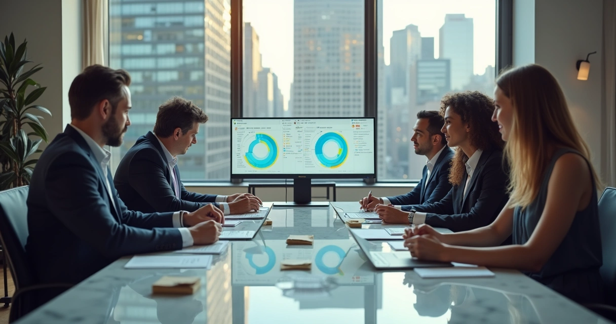 Equipe de vendas analisando leads em telas em uma mesa de escritório 