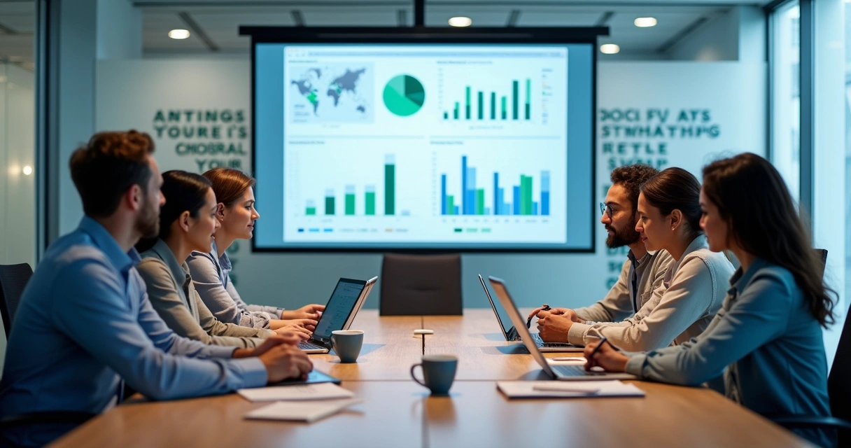 Equipe de vendas ao redor de uma mesa, analisando gráficos de leads em computadores 