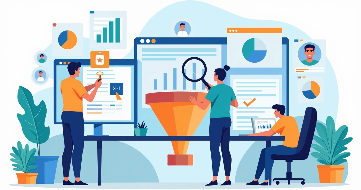 Ilustração de análise de leads com formulário e funil de qualificação