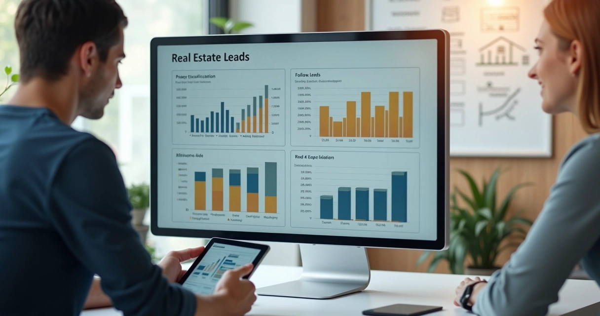 Análise de dados de leads imobiliários em tela de computador