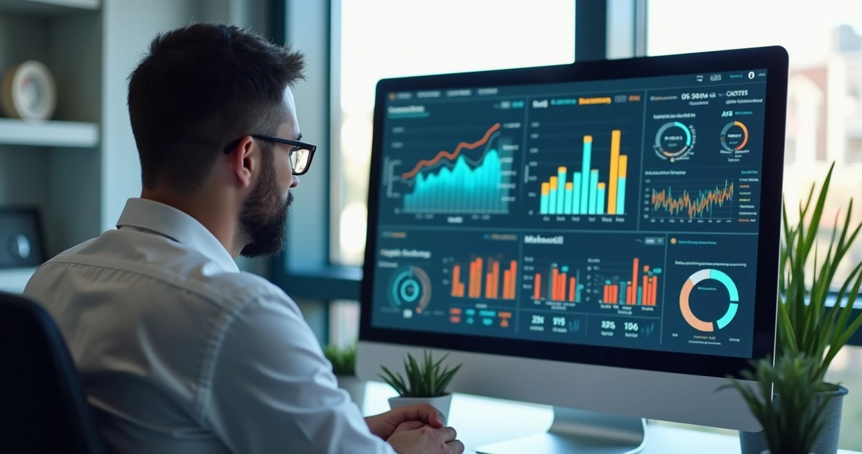 Profissional analisando painel digital com gráficos de leads e IA 