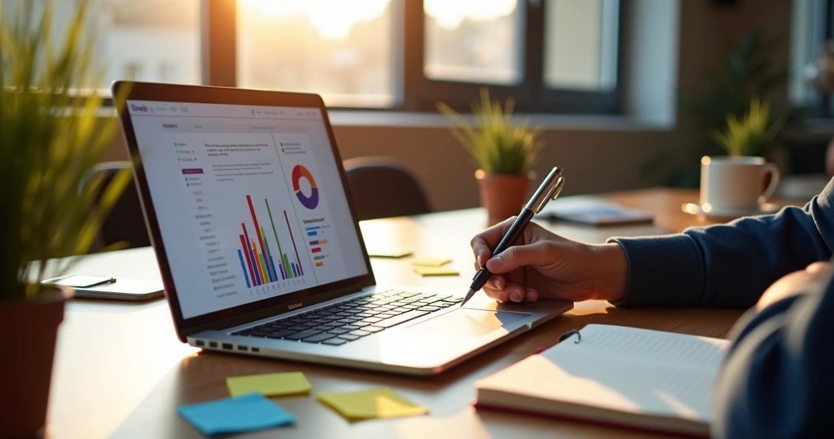 Mesa de escritório com computador mostrando sistema de pontuação de leads e mão anotando em caderno 