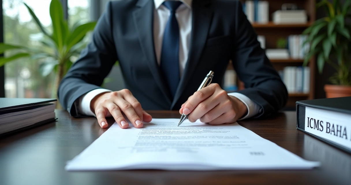 Advogado analisando legislação de ICMS da Bahia em escritório 