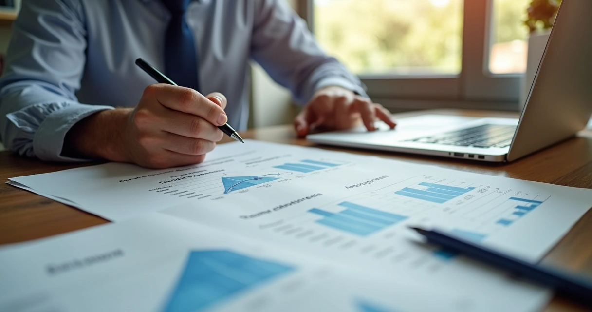 Pessoa analisando edital de leilão de imóvel hipotecado com anotações e computador aberto 