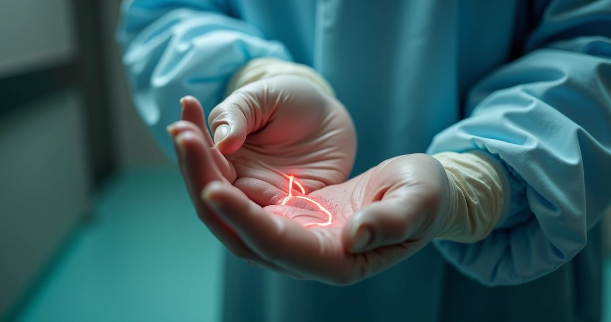 Perito examinando lesão elétrica típica em mão de vítima 