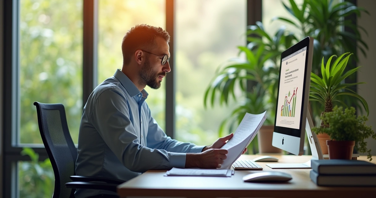 Consultor ambiental analisando documentos do licenciamento em escritório com computador e plantas 