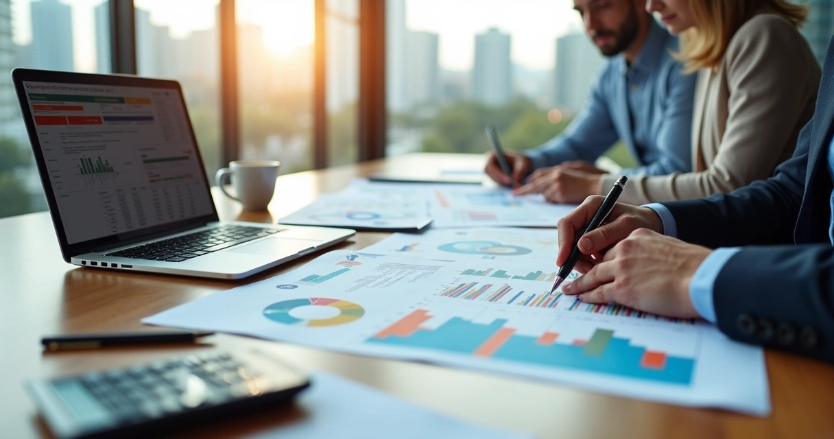 Mesa de reunião com documentos de licitação, laptop aberto mostrando gráficos e calculadora ao lado 