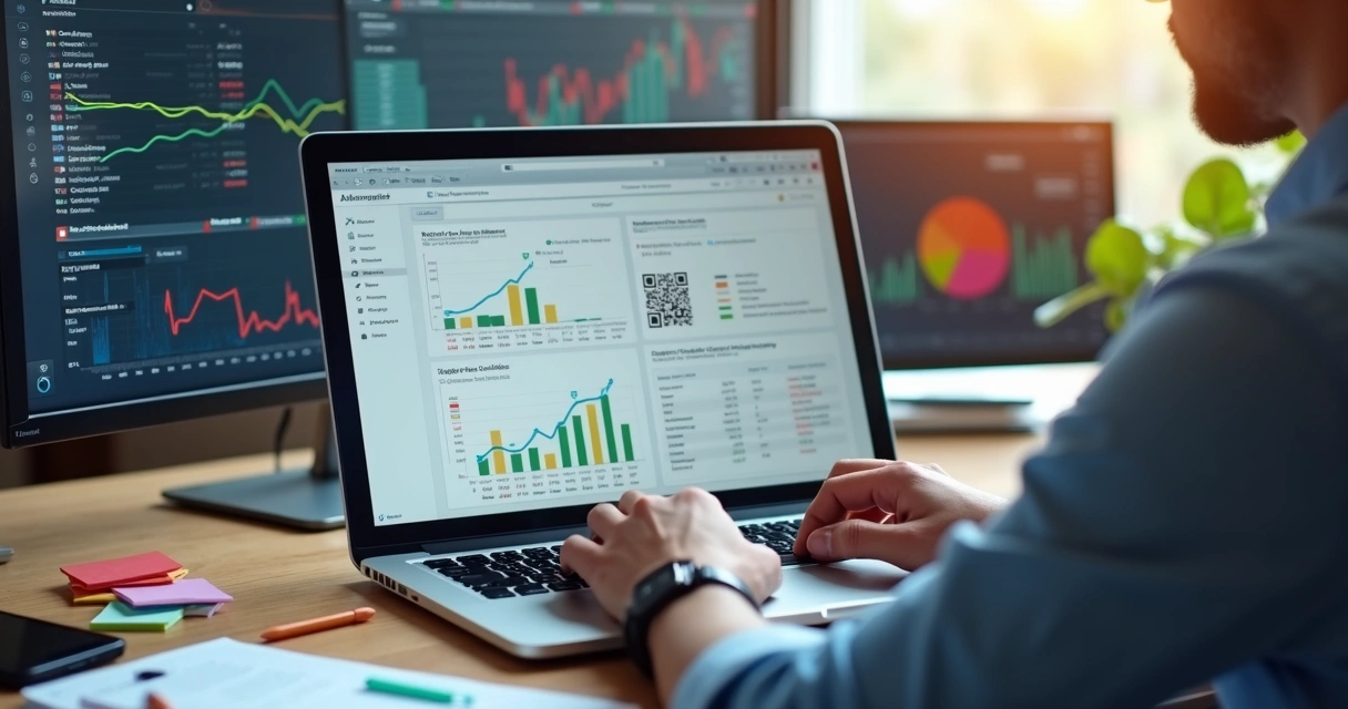 Pessoa analisando dados de links e QR Codes em ambiente digital 