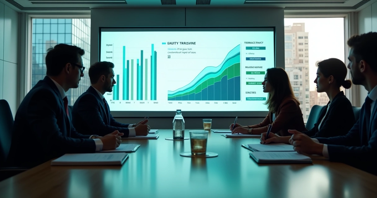 Executivos analisando gráficos de liquidez na sala de reunião