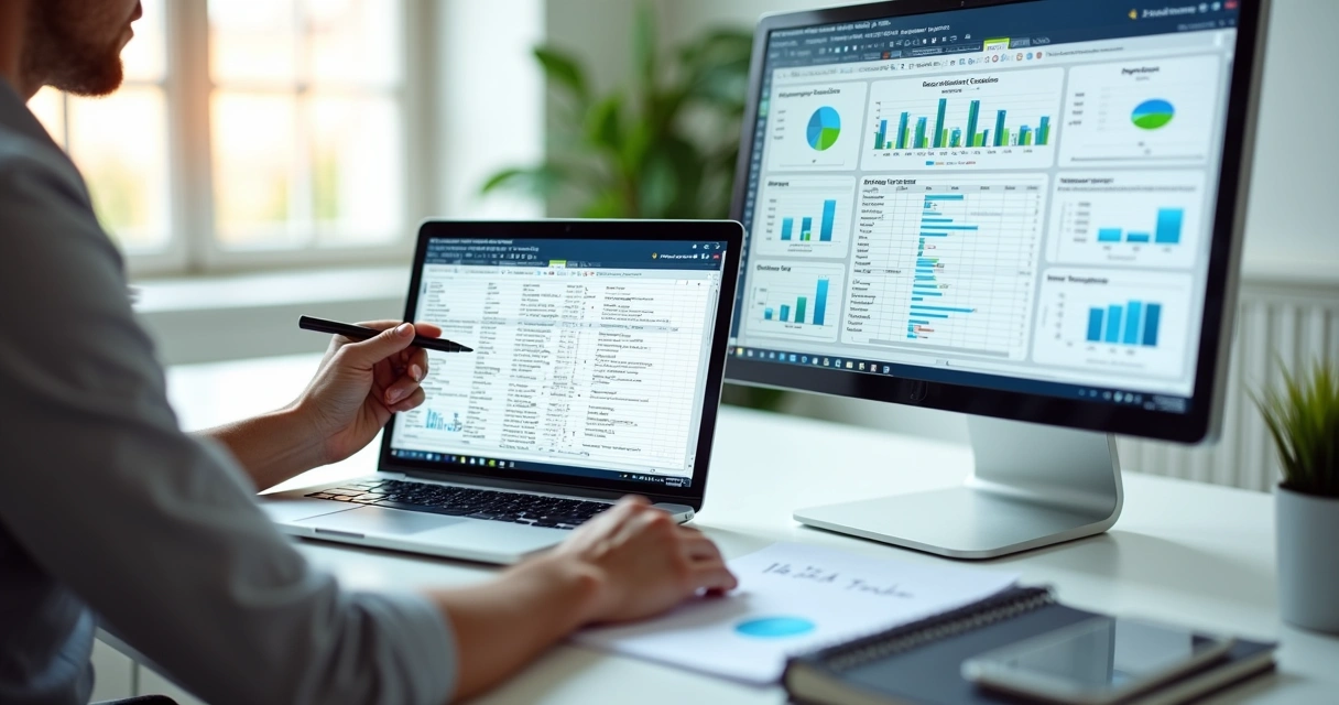 Gestor B2B analisando planilha de clientes com gráficos em notebook 