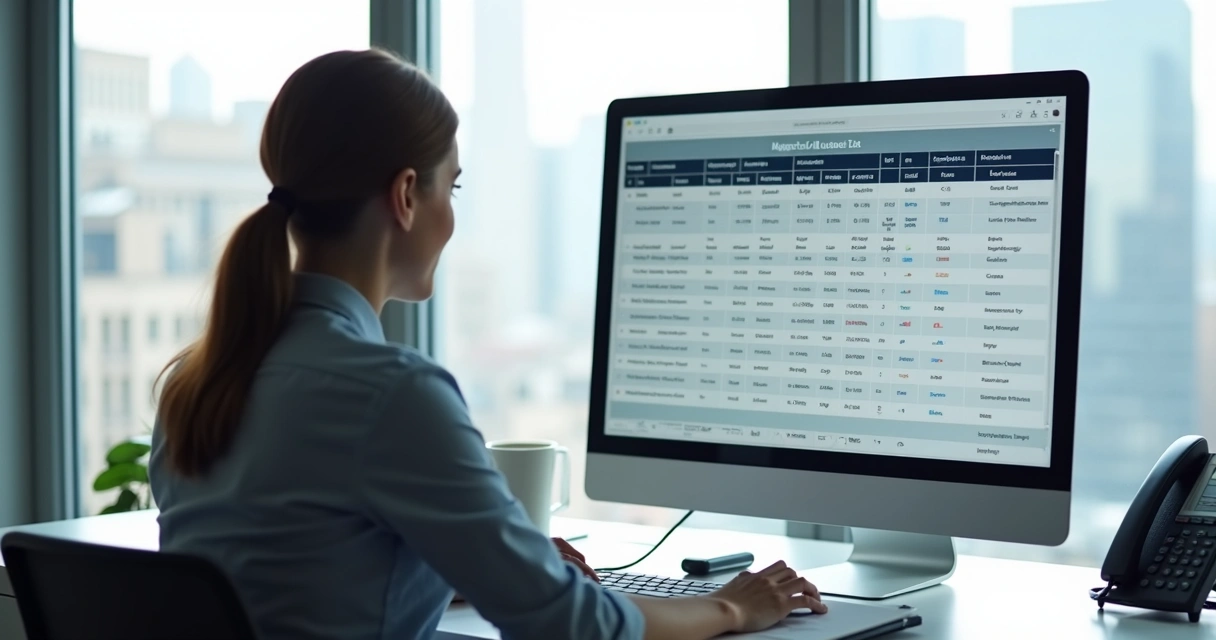 Profissional analisando lista de empresas no computador 