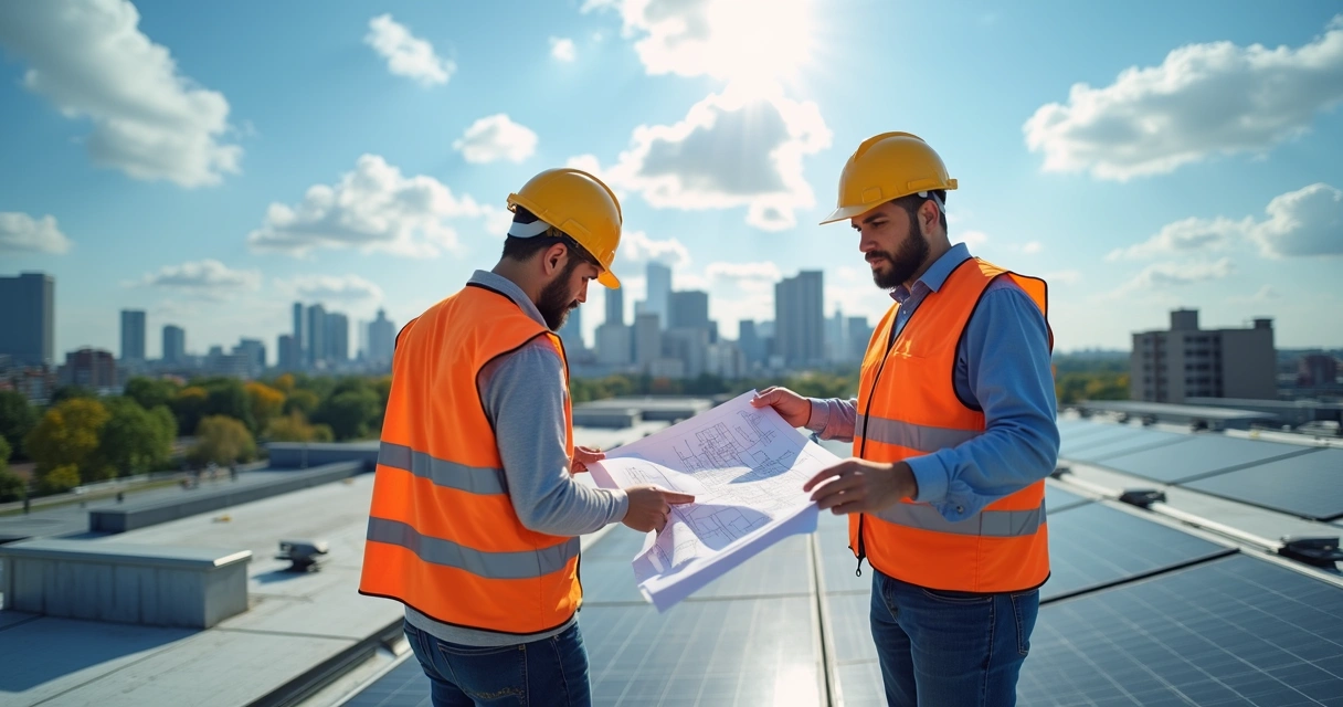 Profissionais avaliando o telhado de uma empresa para instalação de energia solar 