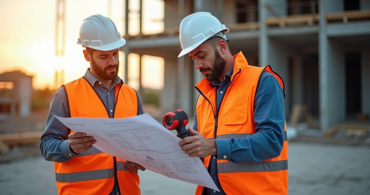 Equipe técnica analisando local para instalação de câmera em obra 