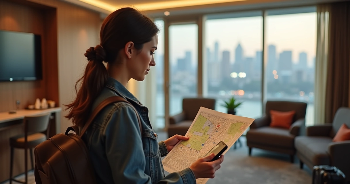 Turista usando mapa e celular para analisar localização da hospedagem