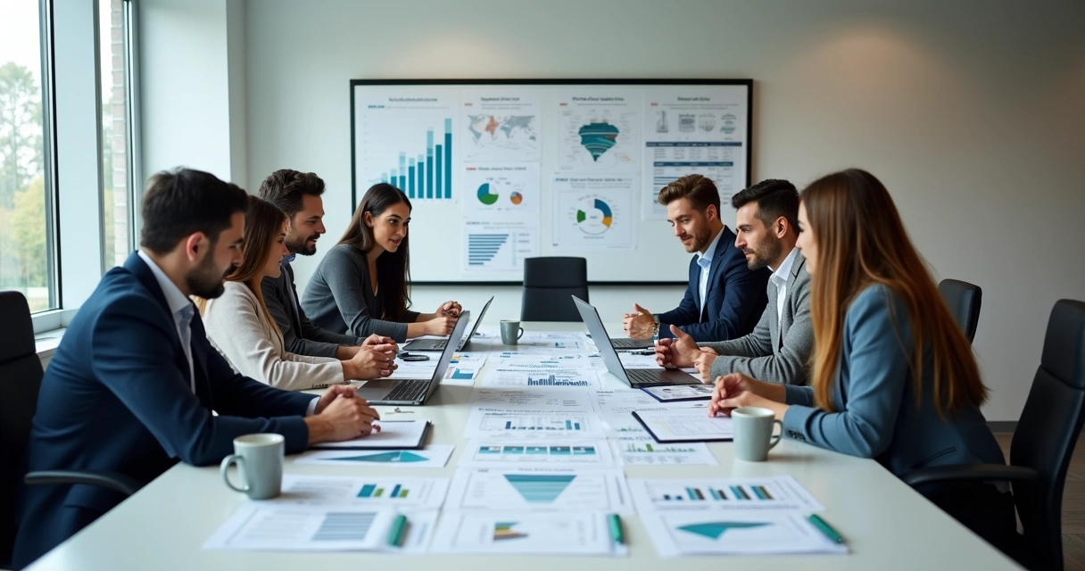 Indicadores para avaliar inteligência de dados em vendas na prática em Logística 2 Equipe analisando gráficos de dados logísticos em uma mesa de reunião