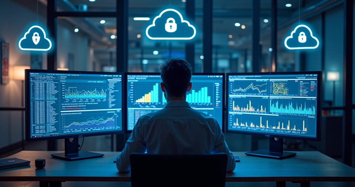 Técnico de TI analisando logs de nuvem em vários monitores 
