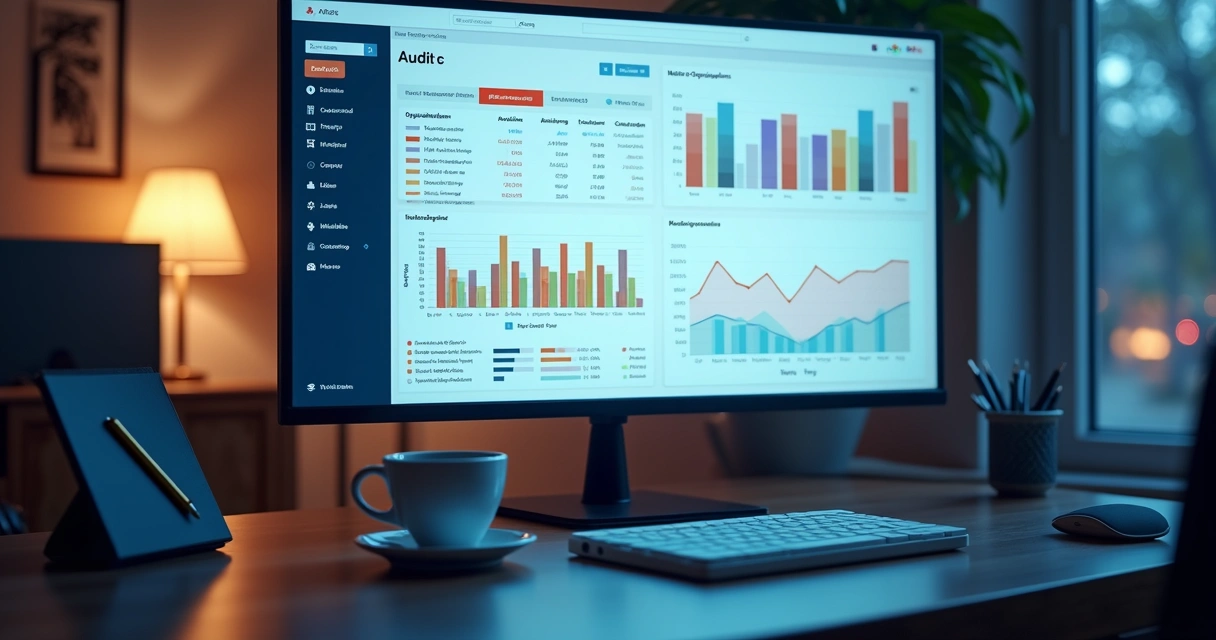 Dashboard de dados exibindo logs de auditoria e gráficos