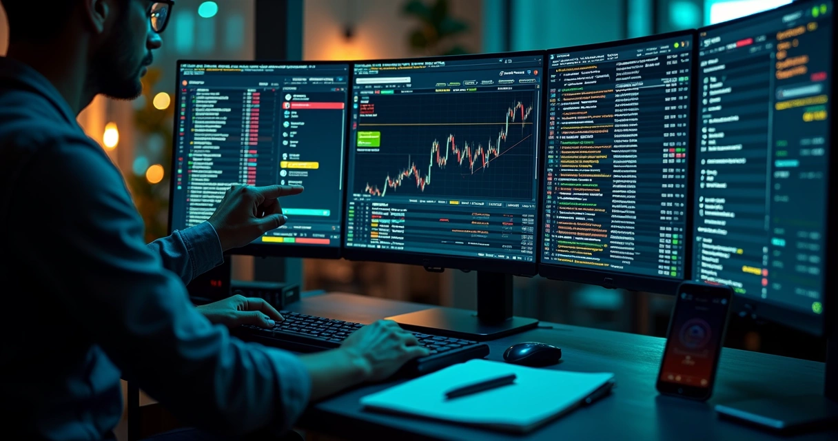 Tela com gráficos de criptomoedas e logs de robô de trading sendo analisados 