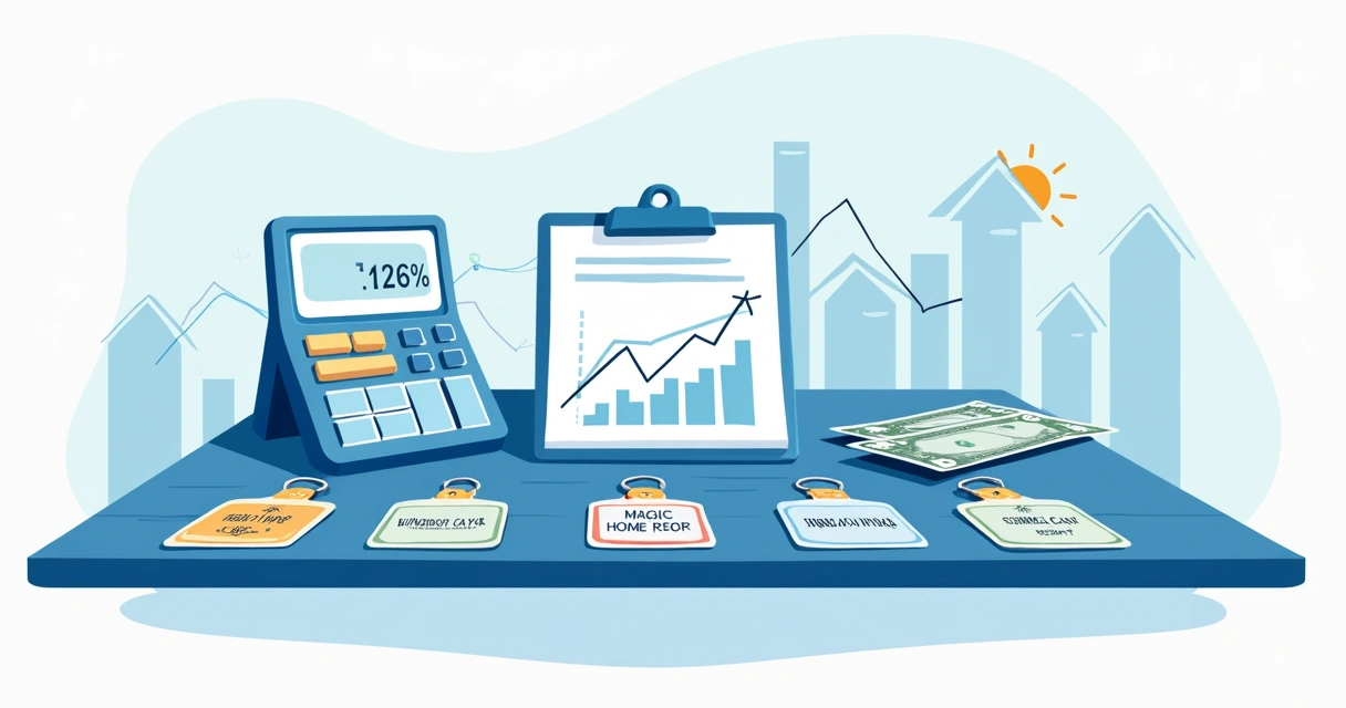Profitability chart with houses, coins, and calculator 