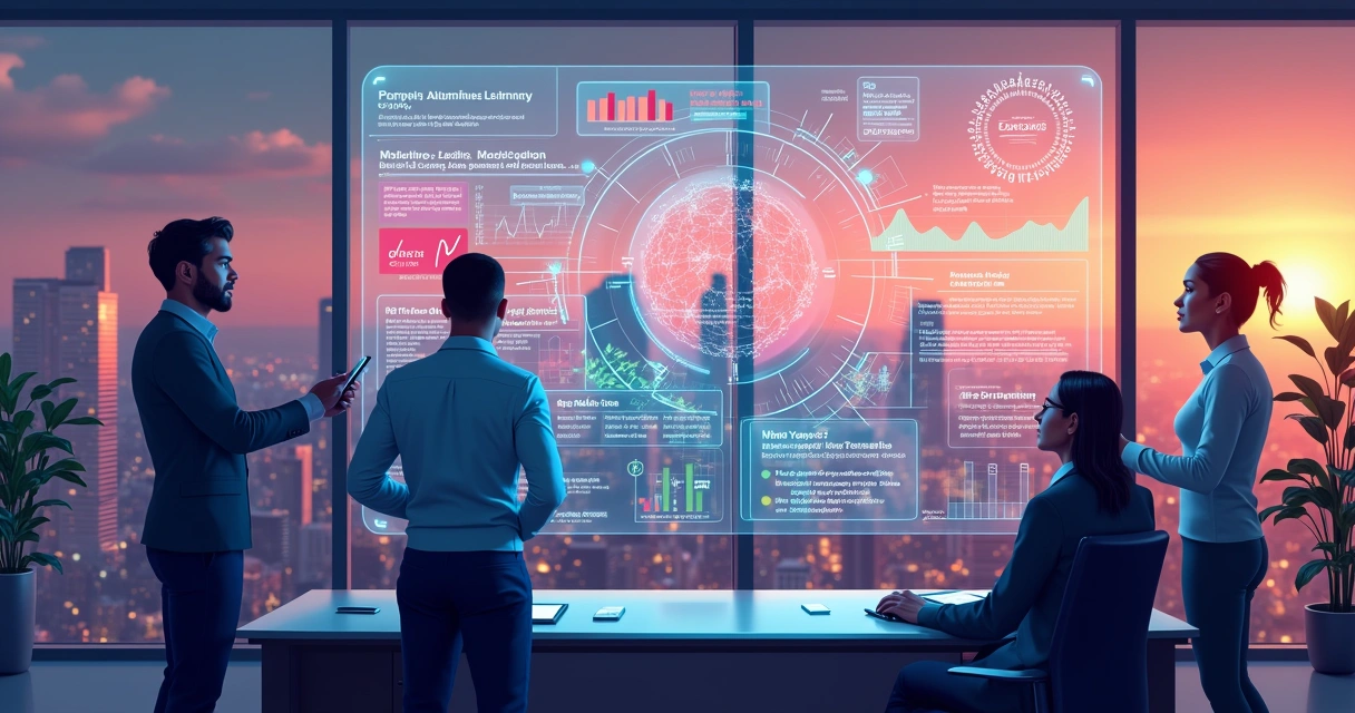 Grupo diverso em escritório moderno analisando algoritmos de machine learning e riscos de inadimplência.