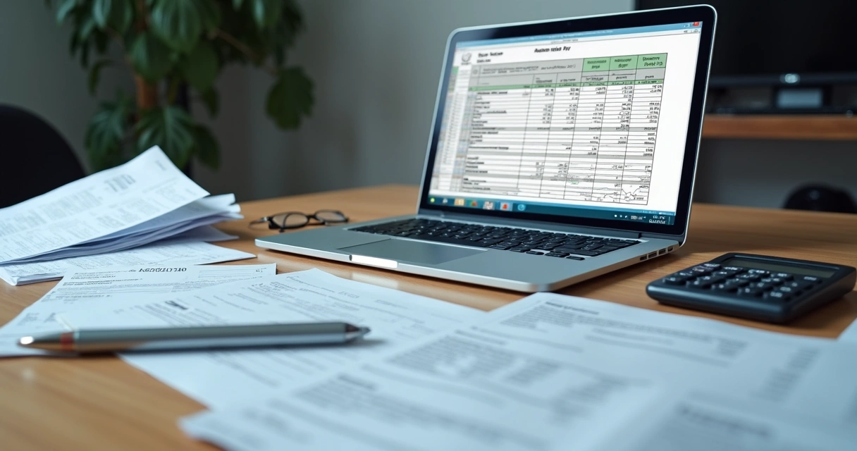 Computador aberto com tela exibindo análise contábil de declaração e documentos do imposto lado a lado. 