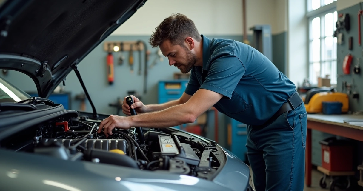 Mecânico experiente ouvindo e inspecionando motor com lanterna, oficina ao fundo