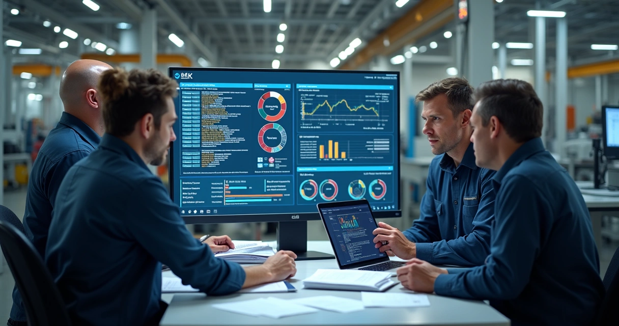 Equipe de manutenção analisando falha de equipamento industrial 