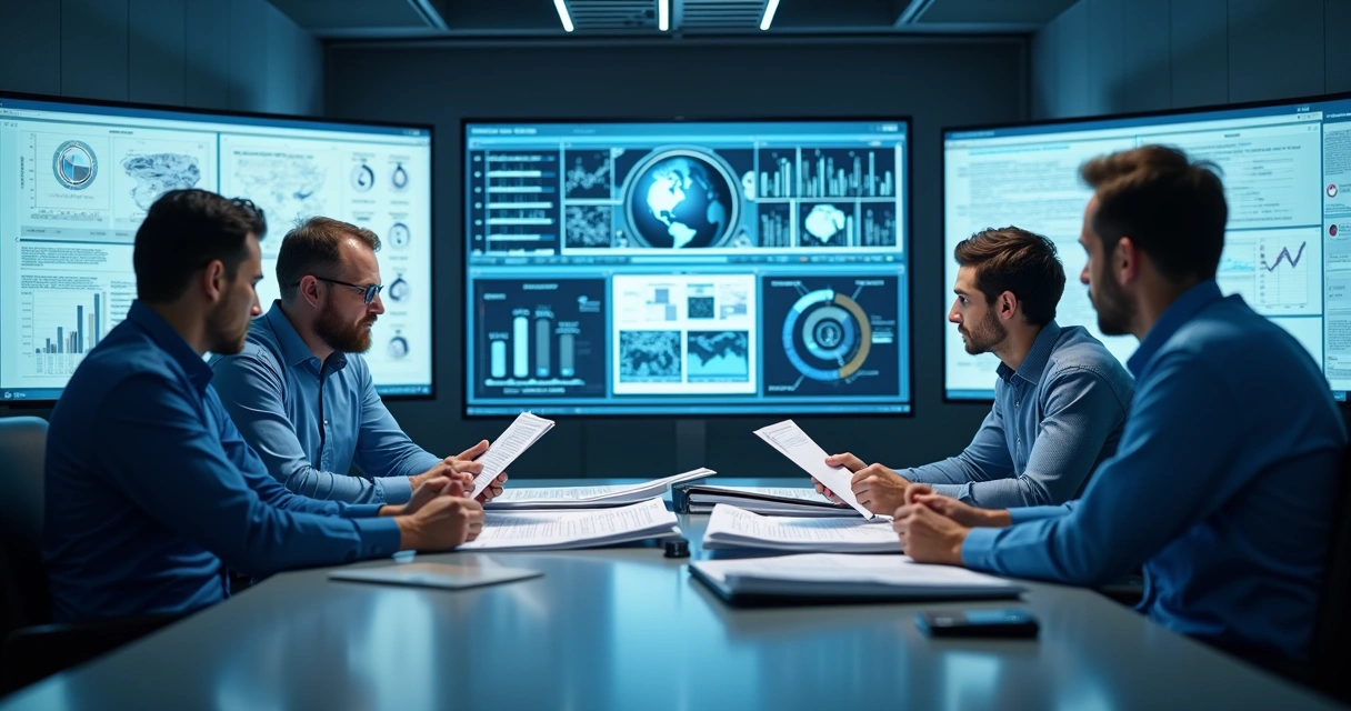 Equipe de manutenção analisando relatórios industriais em uma sala de controle 
