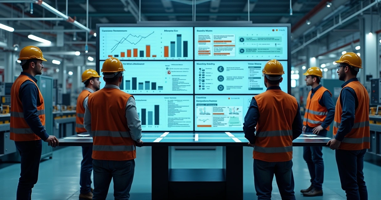 Engenheiros analisando painel digital de manutenção com indicadores de qualidade 