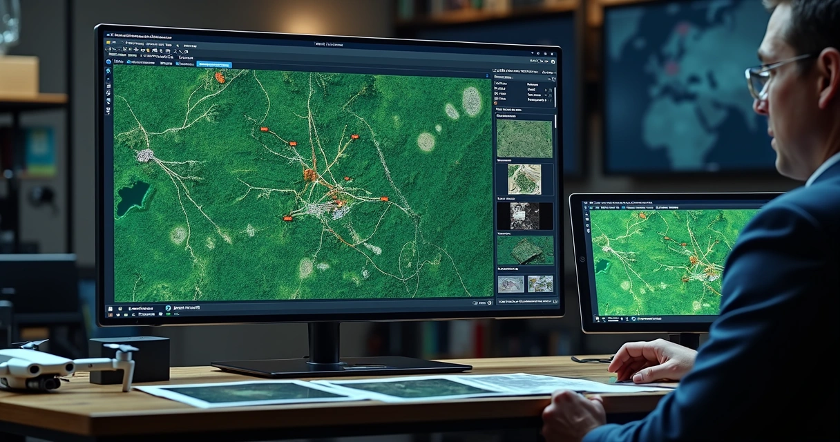 Tela com mapa ambiental, drone e dados forenses digitais