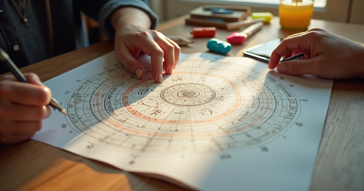 Mapa astral detalhado numa mesa, mãos femininas analisando anotações coloridas 